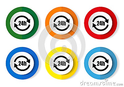 24h service concept vector icon set, modern design abstract web buttons i n 6 color options, infographic template Vector Illustration