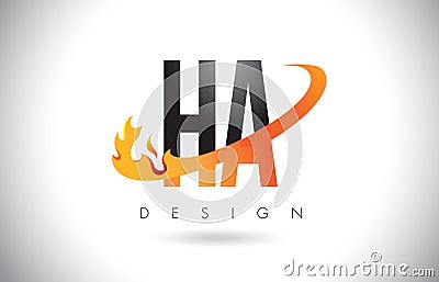 HA H A Letter Logo with Fire Flames Design and Orange Swoosh. Vector Illustration