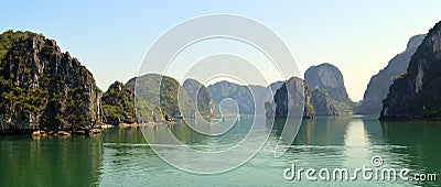 Panorama of the limestone karsts in the early morning Halong Bay Vietnam Stock Photo