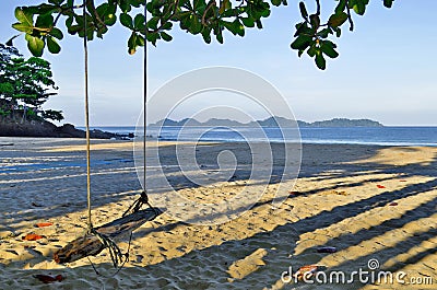 Haad Farang beachon Mook island early in the morning with Kradan island in the background Stock Photo