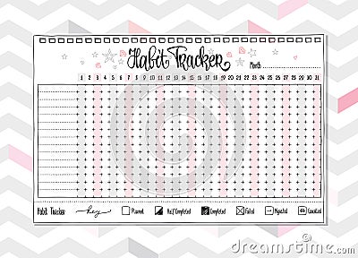 Habit tracker blank with hand written cute numbers and lettering. Bullet journal template. Monthly planer. Vector Illustration