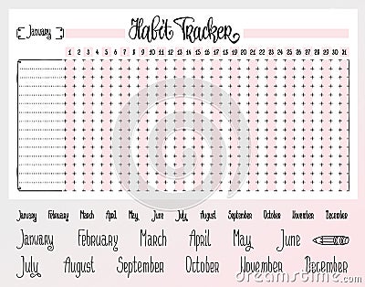 Habit tracker template. Blank with hand written cute names of months. Bullet journal template. Monthly planer. Hand Vector Illustration