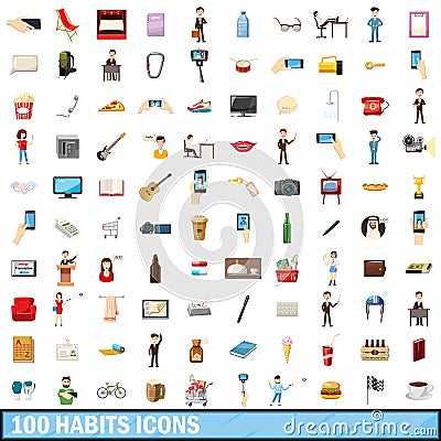 100 habits icons set, cartoon style Vector Illustration