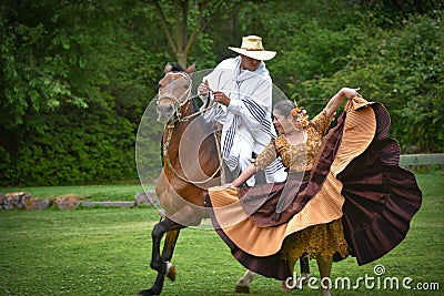 Traditional Marinera Dance and Peruvian Paso Horse demonstration. Cusco, Peru Editorial Stock Photo