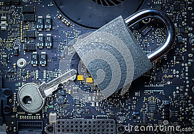 Hack security Data protection. Computer Internet safe with lock, key on microscheme chip. Concept image of security Stock Photo