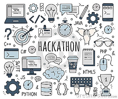 Hackathon and codefest set of doodle style icons. Stock Photo