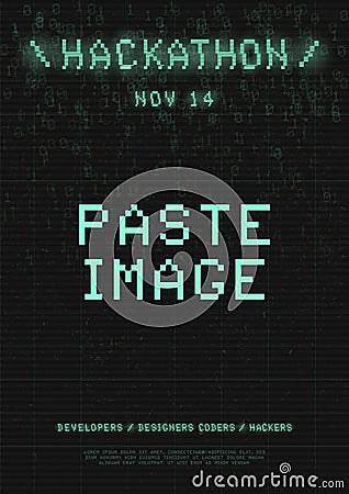 Hackathon flyer. Retrowave cyberpunk futuristic cover with 8-bit pixel glitch typography, binary code and copy space Vector Illustration