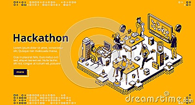 Hackathon isometric landing, software development Vector Illustration