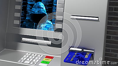 Hacked ATM while inserting credit card showing hoody hacker Cartoon Illustration
