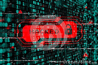 Hacked inscription and lock icon. Red sign warning and binary code, symbolizing a cybersecurity breach Stock Photo