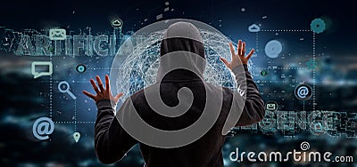 Hacker activating a 3d rendering artificial intelligence concept Stock Photo