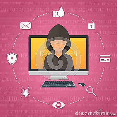 Hacker activity and attack concept. Vector Illustration