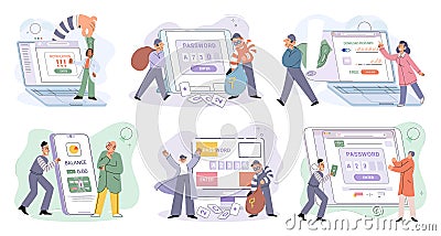 Hacker activity big set. Hacking computer. Phishing account, cyber attack on personal data Vector Illustration