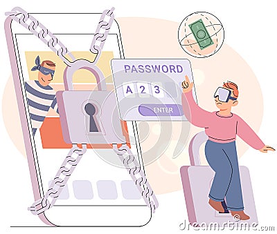 Hacker activity big set. Hacking computer. Phishing account, cyber attack on personal data Vector Illustration