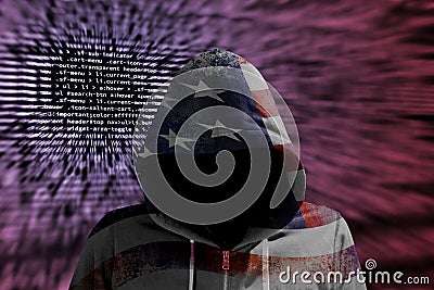Hacker in an american hoody in front of a code background with binary streams and information security terms cybersecurity concept Stock Photo