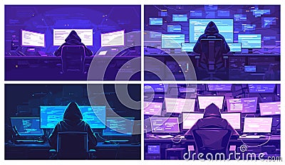 Hacker. Anonymous cyber thief attack information systems, surrounded by computer screens, digital crime danger vector Vector Illustration