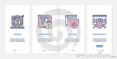 Hacker antivirus protection, cyber security technology UX, UI mobile app page screen set Vector Illustration