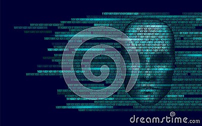 Hacker artificial intelligence robot danger dark face. Cyborg binary code head shadow online hack alert personal data Vector Illustration