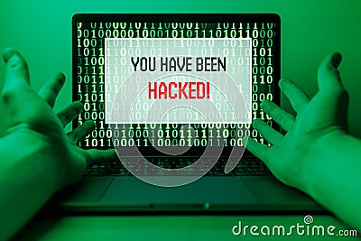 Hacker attack on Computer. Warning text on PC You have been hacked Stock Photo