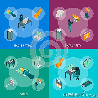 Hacker Attack Concept Banner Set 3d Isometric View. Vector Vector Illustration