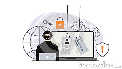 Hacker attack. Fraud with user data on social networks. Credit or debit card theft. Internet phishing, hacked username Vector Illustration