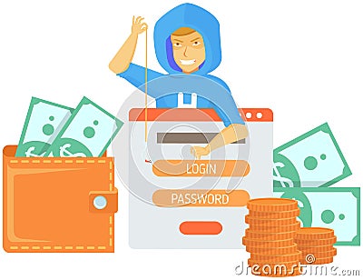 Hacker attack. Hacker breaks into computer. Cyber attacker cracker trying to hack laptop password Vector Illustration