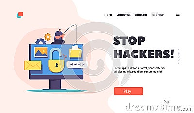 Hacker Attack Landing Page Template. Tiny Hacker Male Character Sitting on Huge Computer with Rod Phishing Files Vector Illustration