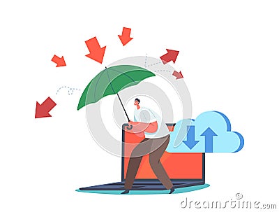 Hacker Attack And Safety Digital Technology Concept. Man with Umbrella Protect Computer from Virus or Hacker Attack Vector Illustration