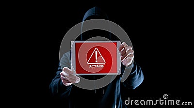 Hacker tablet cyber security. Digital mobile phone in hacker man hand isolated on black banner. Internet web hack Stock Photo