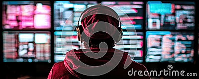 Hacker Back View Multiple Screens Coding Dark Room Cybersecurity Stock Photo