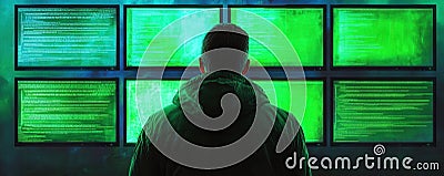 Hacker Back View Multiple Screens Green Code Dark Room Cybersecurity Stock Photo