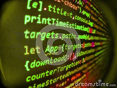 Hacker background. Abstract program code on computer screen. Computer script coding source code on desktop monitor. Digital Stock Photo