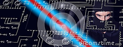 Composite image of hacker in balaclava gesturing and looking at camera Stock Photo