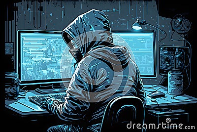 Hacker in a blue hoody standing in front of a code background. Neural network AI generated Stock Photo