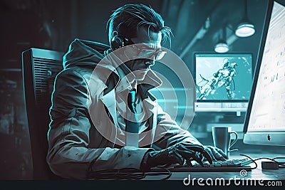 Hacker in a blue hoody standing in front of a code background. Neural network AI generated Stock Photo