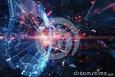 A hacker breaches a digital shield, causing fragmentation and chaos as pieces of the firewall scatter in a dramatic Stock Photo