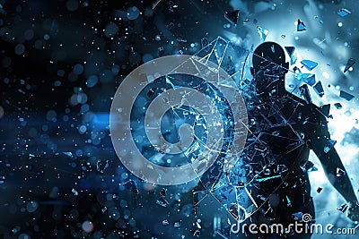 A hacker breaches a digital shield, causing fragments to scatter in a dark, high-tech setting, highlighting the threat Stock Photo