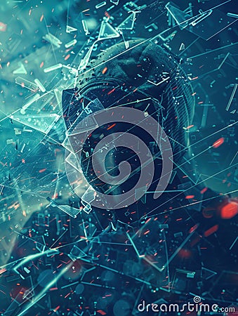 A hacker breaches a digital shield, causing fragments to scatter in a dynamic display of cybersecurity challenges and Stock Photo