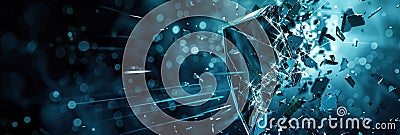 A hacker breaches a digital shield, causing fragments to scatter, symbolizing a security threat in the realm of Stock Photo