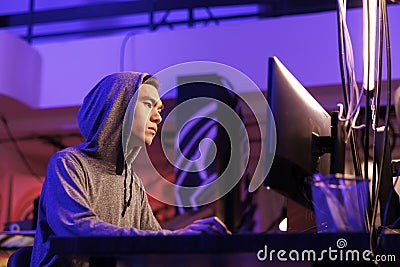 Hacker breaking law, doing data mining Stock Photo