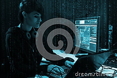 Hacker is breaking server using computers. Cybercrime concept. Stock Photo