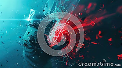 A hacker breaks through a digital shield, causing fragments to scatter in the air, representing a significant Stock Photo