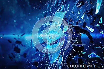 A hacker breaks through a digital shield, scattering fragments in a dramatic display of cyber intrusion and security Stock Photo
