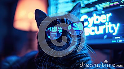 Hacker cat uses computer in dark room, text cyber security on screen, digital data reflected in glasses. Concept of spy, network, Stock Photo