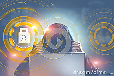 Hacker in a city, cyber security padlock interface Stock Photo