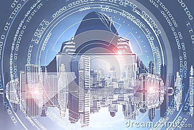 Hacker in a city, zeros and ones HUD Stock Photo