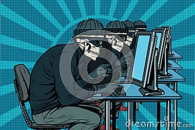 The hacker community, skeletons hacked computers Vector Illustration