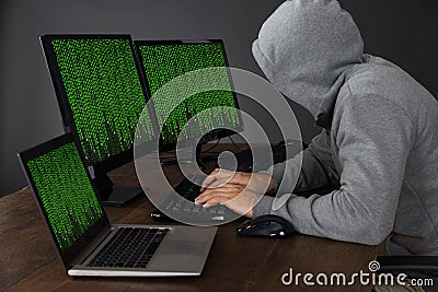 Hacker With Computers At Desk Stock Photo