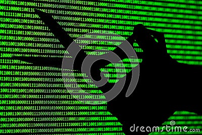 Hacker concept. computer binary codes and Hand scissors . Stock Photo