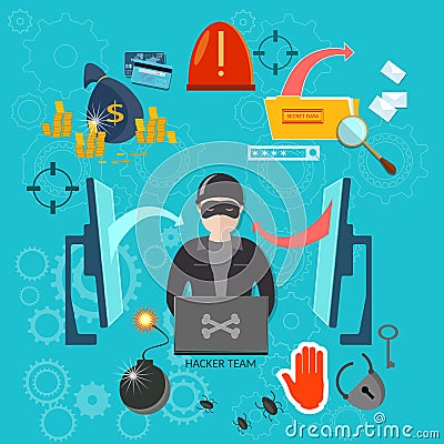 Hacker concept hacking account stealing passwords viruses Vector Illustration